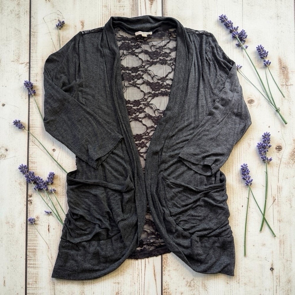 Zenana Charcoal Gray Lace Back Open Front Draped Cardigan Pockets Womens L